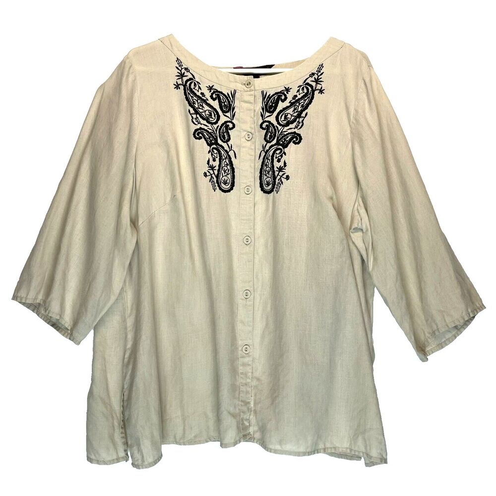 Lily Stanhope 100% Linen Top Size 2X‎ Embroidered Tan Tunic 3/4 Sleeve